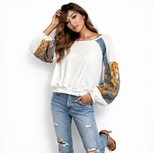 Free People Women XS White‎ Waffle Knit Boho Patchwork Top Festival Art Romantic